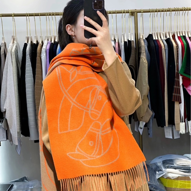 Hermes 愛馬仕 橘金棕雙面馬兒圍巾/全新閒置美品-5
