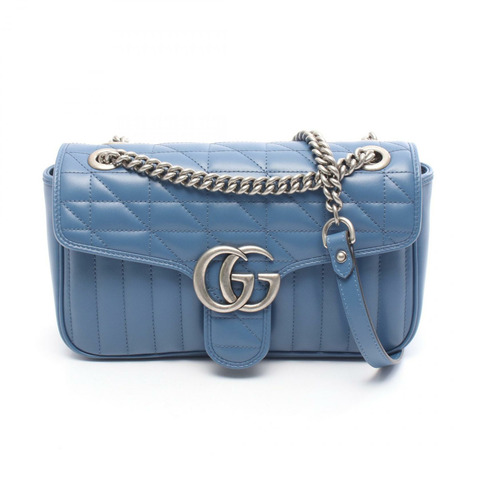 GUCCI GG Marmont 絎縫小號鏈條單肩手提包 443497 皮革 藍色 二手