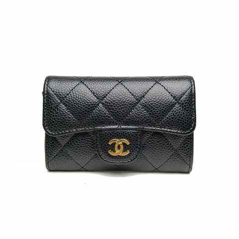 CHANEL CF短款口蓋錢包黑色荔枝牛皮27開金扣