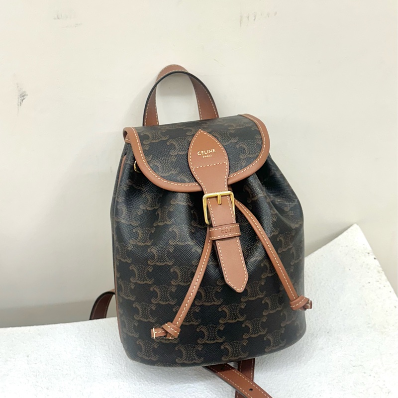 全新celine Folco 帆布拼牛皮革 背包雙肩包 迷你 mini 黃褐色Backpack-0