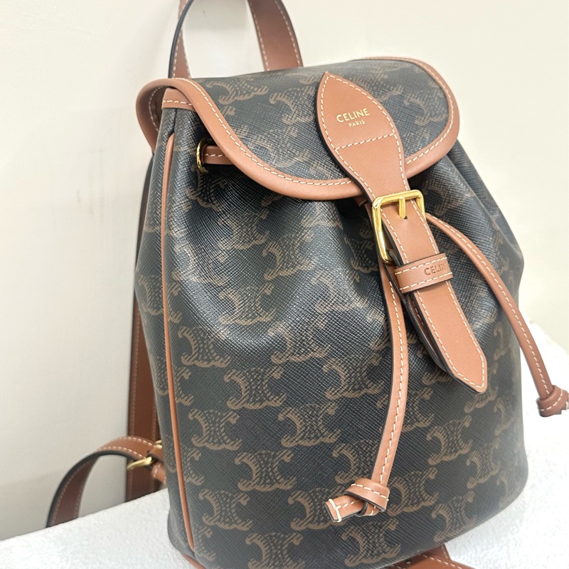 全新celine Folco 帆布拼牛皮革 背包雙肩包 迷你 mini 黃褐色Backpack-1
