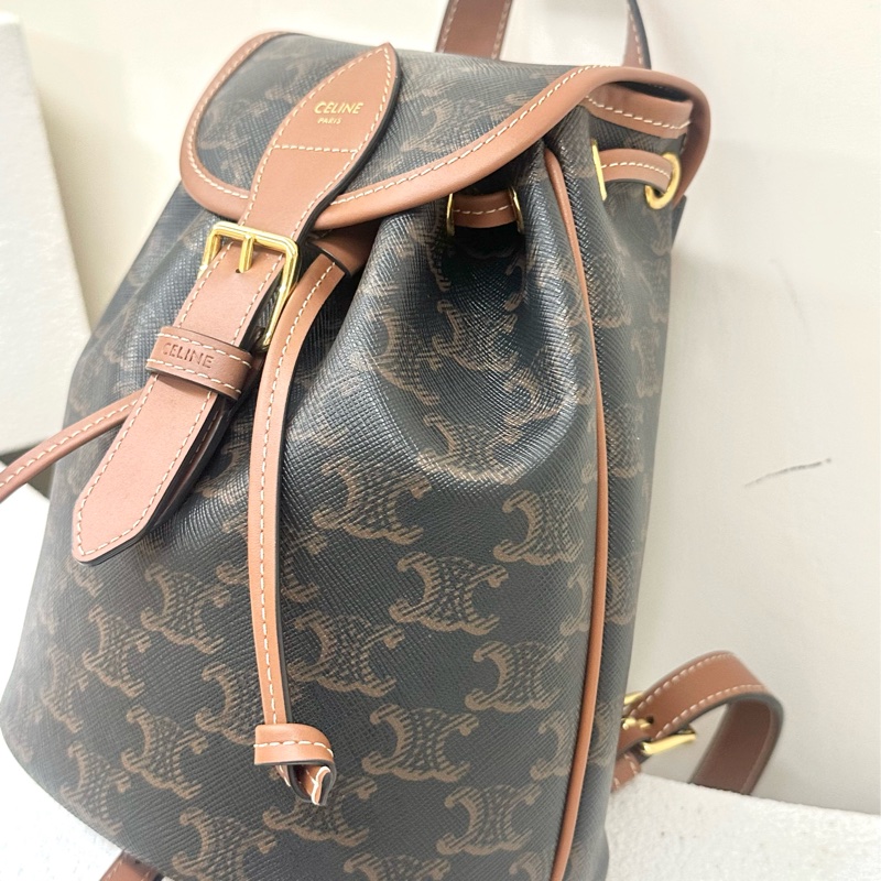 全新celine Folco 帆布拼牛皮革 背包雙肩包 迷你 mini 黃褐色Backpack-2