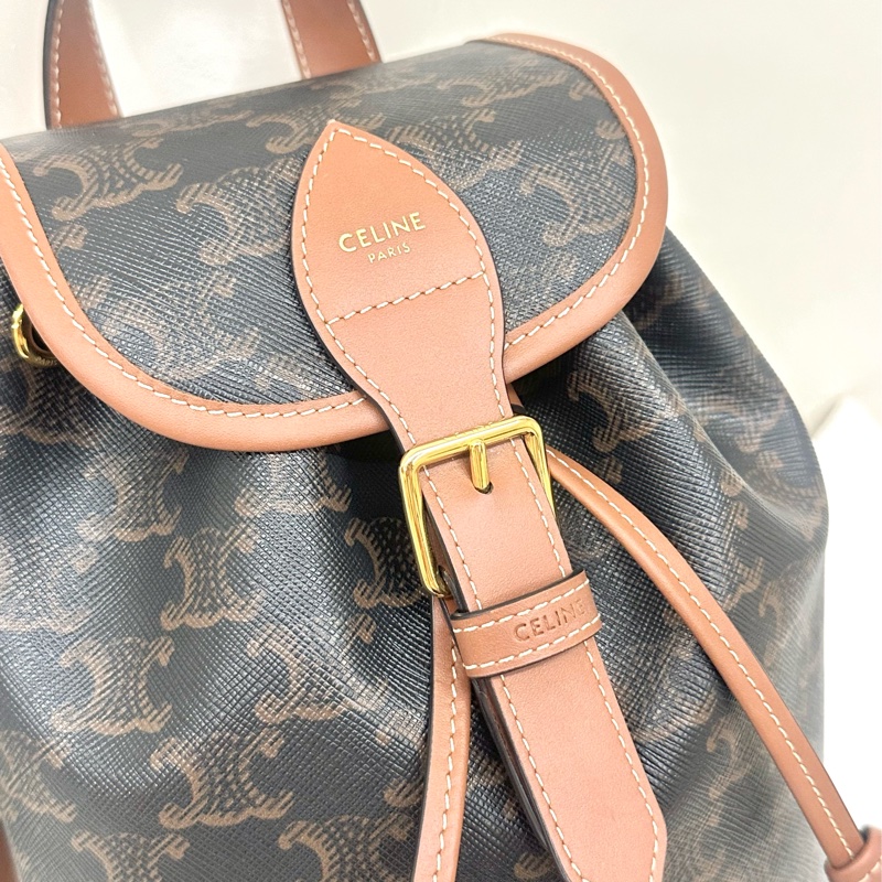 全新celine Folco 帆布拼牛皮革 背包雙肩包 迷你 mini 黃褐色Backpack-3