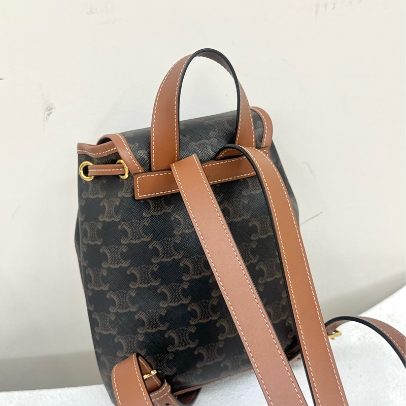 全新celine Folco 帆布拼牛皮革 背包雙肩包 迷你 mini 黃褐色Backpack-5