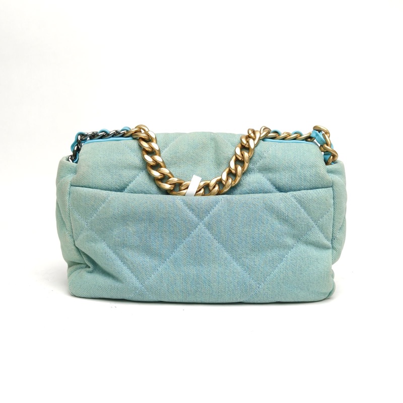 CHANEL 19BAG口蓋包小號淺藍色帆布31開金銀扣肩背包-2