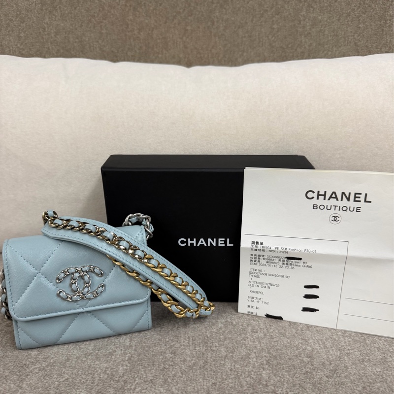 香奈兒Chanel 19經典雙C LOGO小羊皮銀扣零錢包 湖水藍-7
