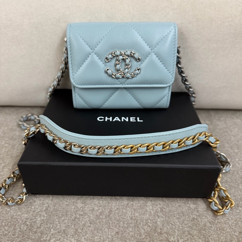 香奈兒Chanel 19經典雙C LOGO小羊皮銀扣零錢包 湖水藍-8