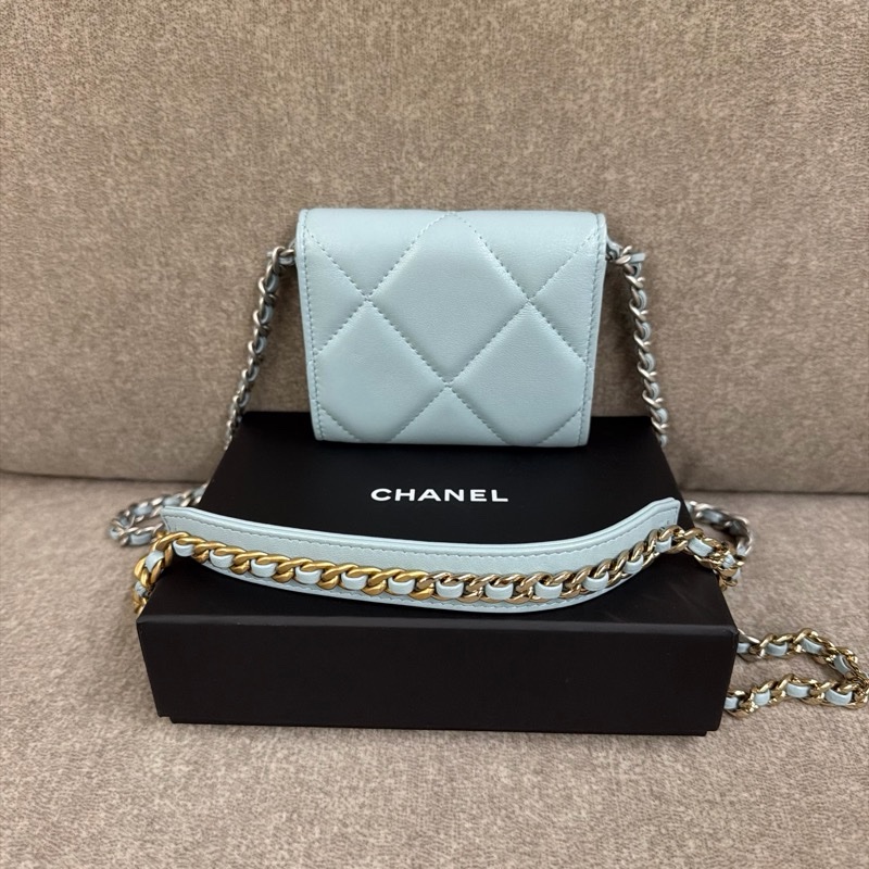 香奈兒Chanel 19經典雙C LOGO小羊皮銀扣零錢包 湖水藍-9