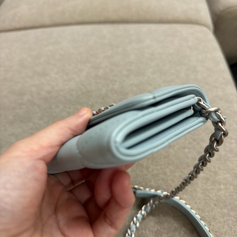 香奈兒Chanel 19經典雙C LOGO小羊皮銀扣零錢包 湖水藍-10