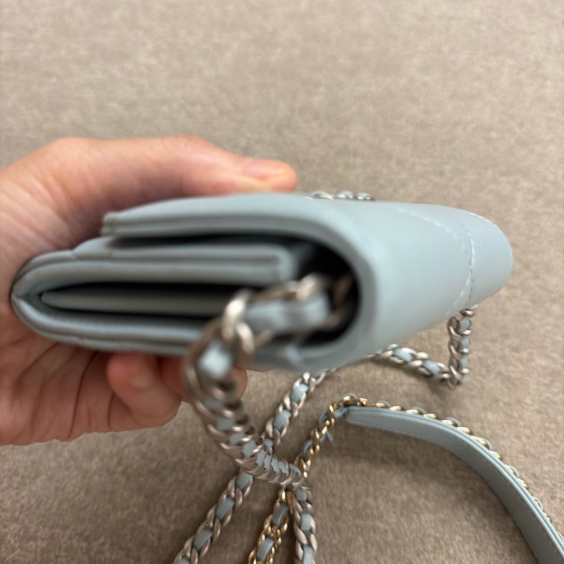 香奈兒Chanel 19經典雙C LOGO小羊皮銀扣零錢包 湖水藍-12