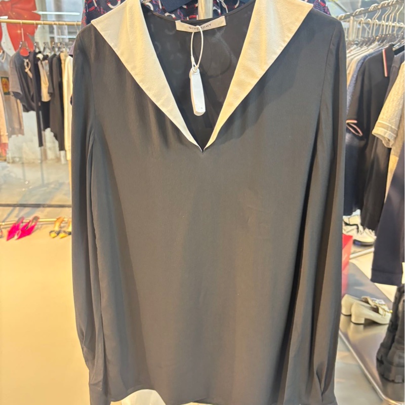 紀梵希 Givenchy 黑色真絲白領襯衫 S碼 夏季長袖 桑蠶絲面料-0