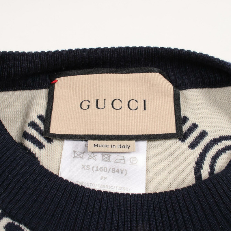 GUCCI GG提花短袖針織毛衣，羊毛材質，海軍藍/米色，二手，XS碼-2