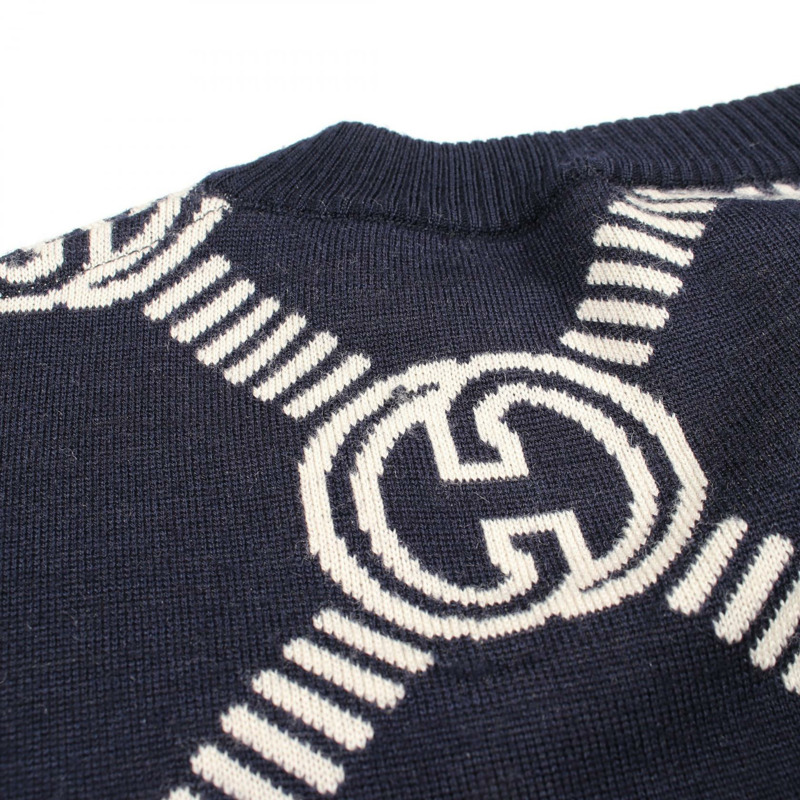 GUCCI GG提花短袖針織毛衣，羊毛材質，海軍藍/米色，二手，XS碼-5