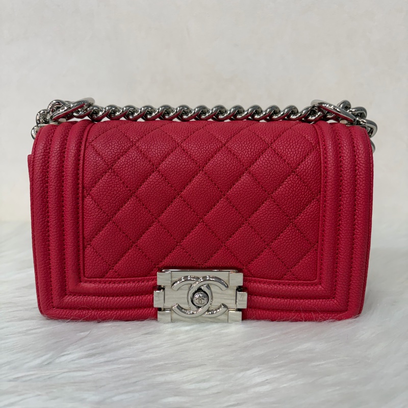 CHANEL A67085 櫻桃色 荔枝皮 銀鍊 mini BOY 肩背包側背包斜背包兩用包-0