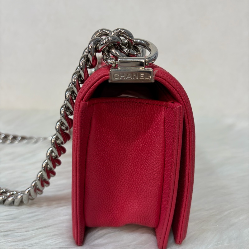 CHANEL A67085 櫻桃色 荔枝皮 銀鍊 mini BOY 肩背包側背包斜背包兩用包-1