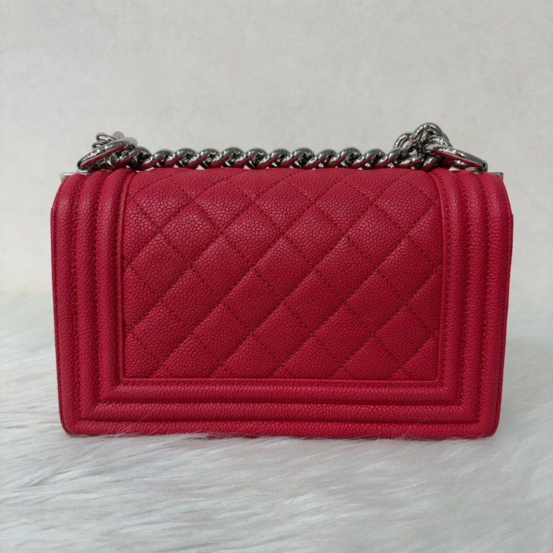 CHANEL A67085 櫻桃色 荔枝皮 銀鍊 mini BOY 肩背包側背包斜背包兩用包-2