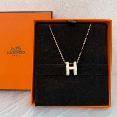 HERMES 經典 白琺瑯  金色 橢圓 立體 POP H LOGO 項鍊