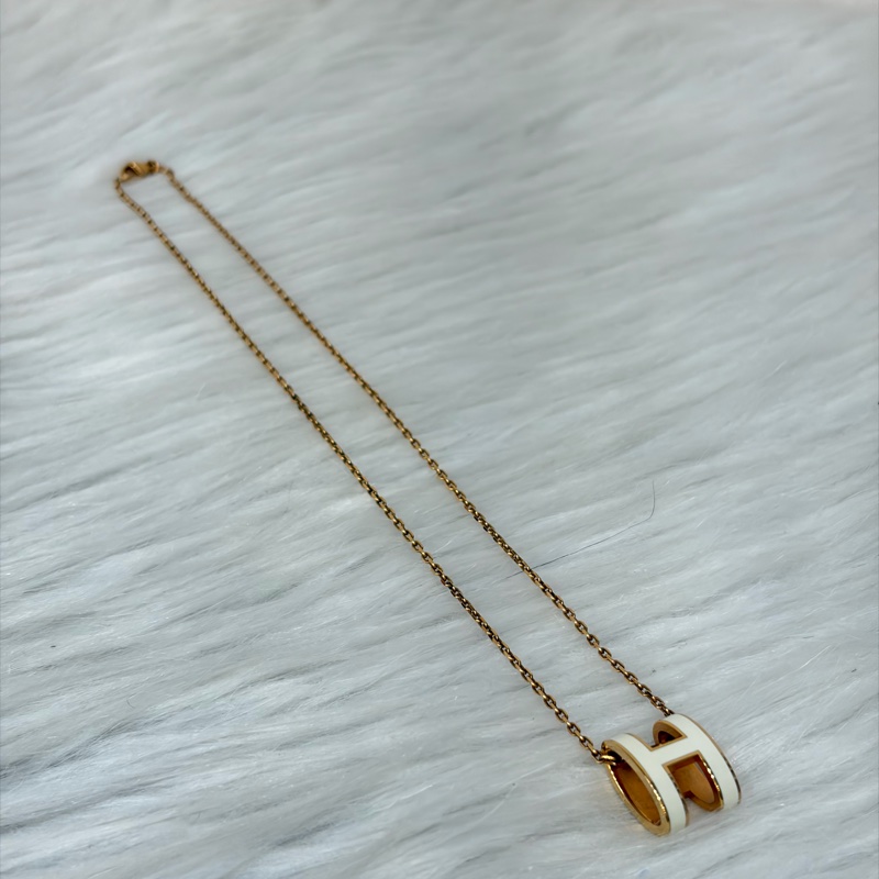 HERMES 經典 白琺瑯  金色 橢圓 立體 POP H LOGO 項鍊-1