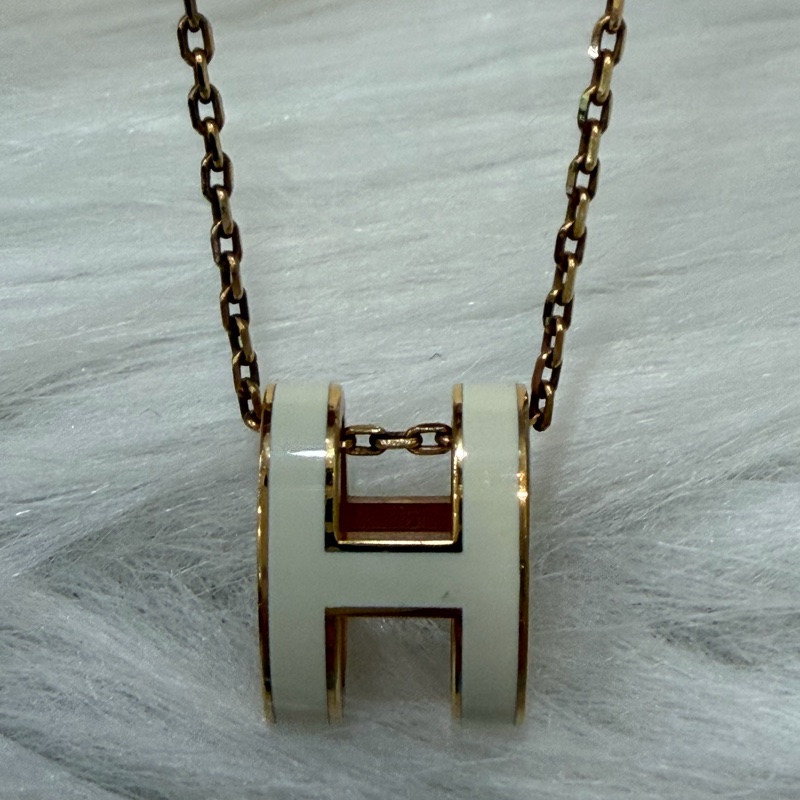 HERMES 經典 白琺瑯  金色 橢圓 立體 POP H LOGO 項鍊-3