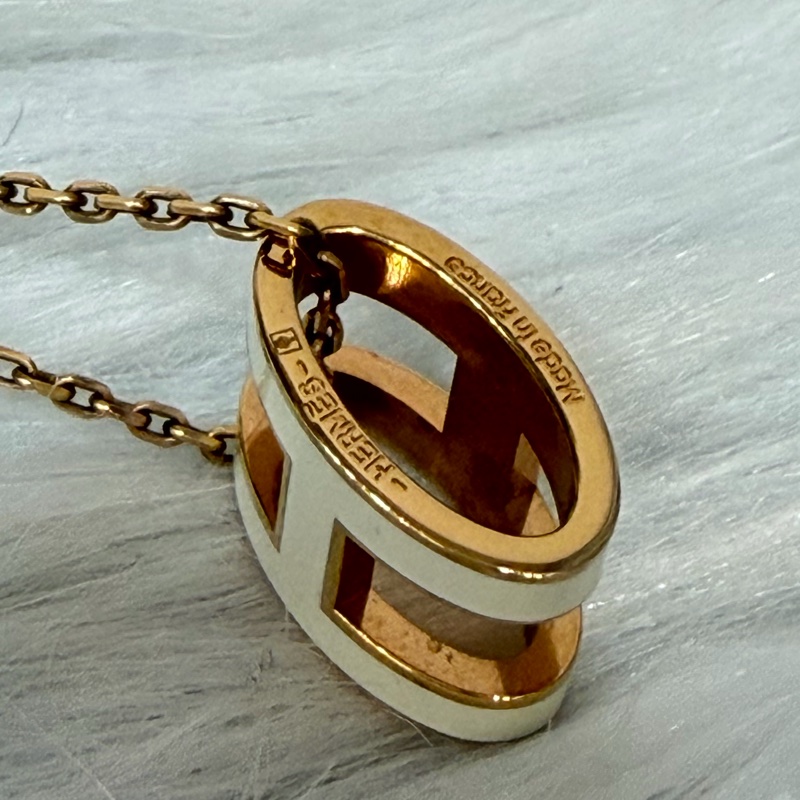 HERMES 經典 白琺瑯  金色 橢圓 立體 POP H LOGO 項鍊-4