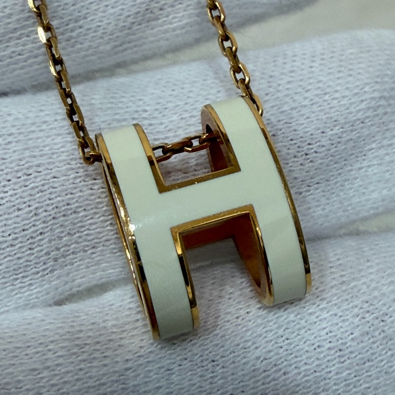HERMES 經典 白琺瑯  金色 橢圓 立體 POP H LOGO 項鍊-10