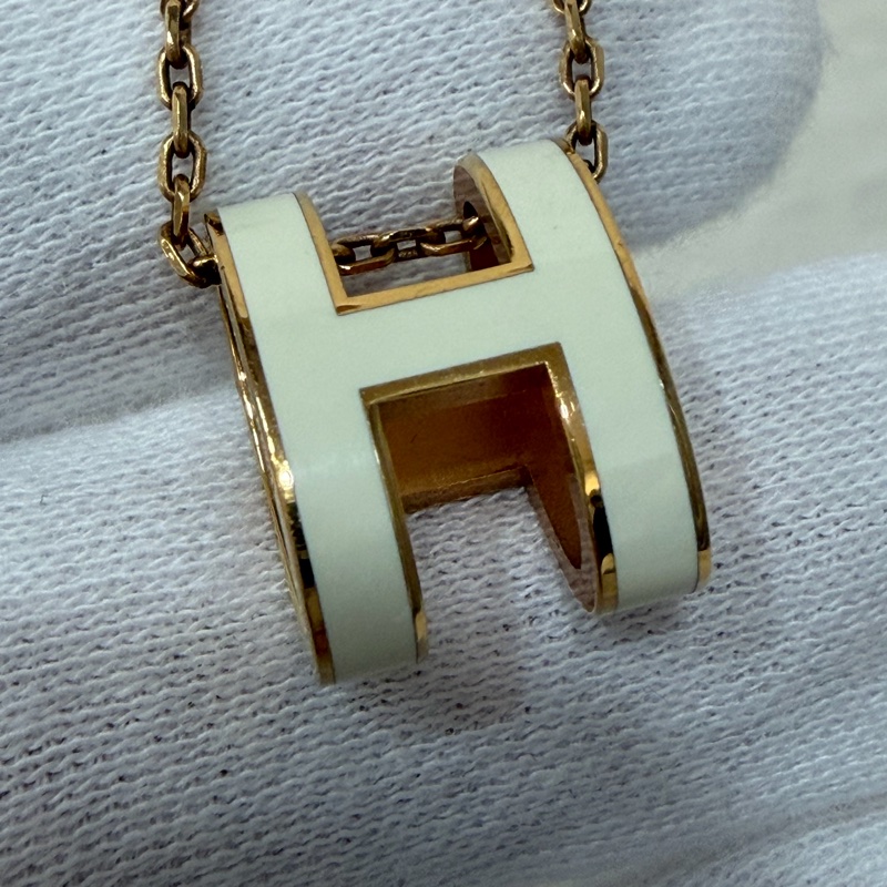 HERMES 經典 白琺瑯  金色 橢圓 立體 POP H LOGO 項鍊-11