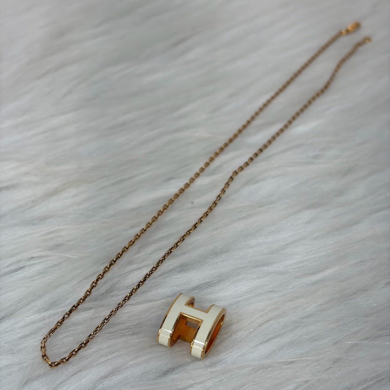 HERMES 經典 白琺瑯  金色 橢圓 立體 POP H LOGO 項鍊-19