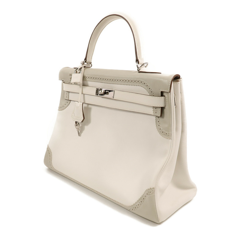 HERMES Swift皮革Ghillies Kelly 35手挽肩背兩用袋Blanc/Gris Perle-2