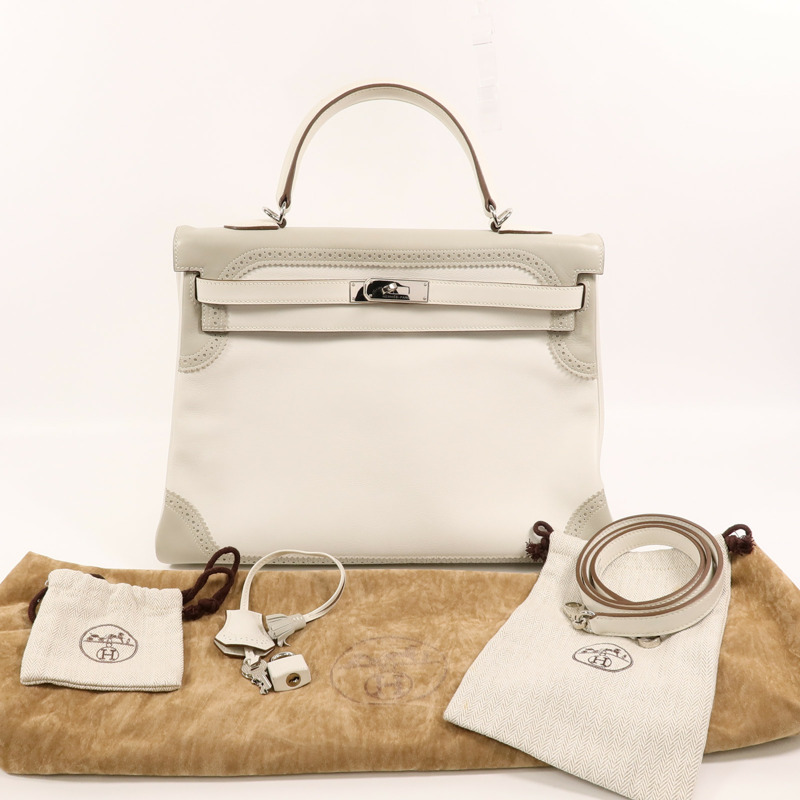 HERMES Swift皮革Ghillies Kelly 35手挽肩背兩用袋Blanc/Gris Perle-9