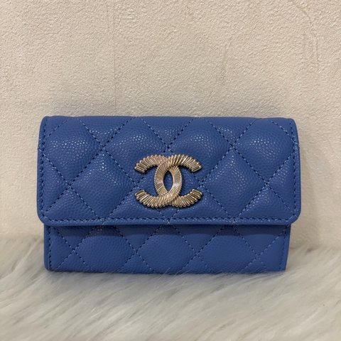 CHANEL 藍荔枝皮 銀色 雙C 彩繪內裡 釦式 零錢包 卡夾
