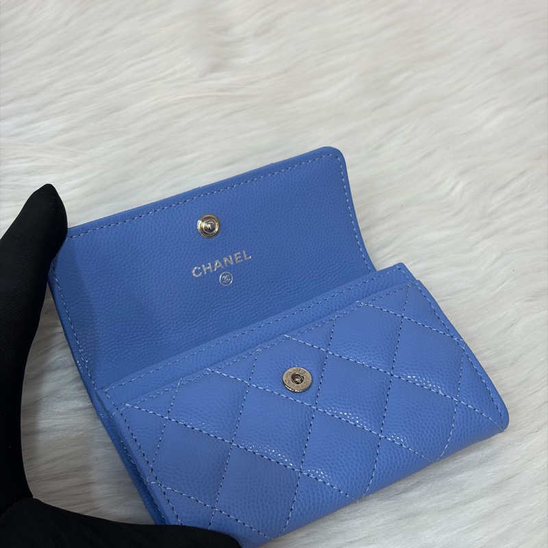 CHANEL 藍荔枝皮 銀色 雙C 彩繪內裡 釦式 零錢包 卡夾-21