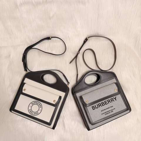 Burberry黑灰皮拼布手提肩背包(Pocket bag)