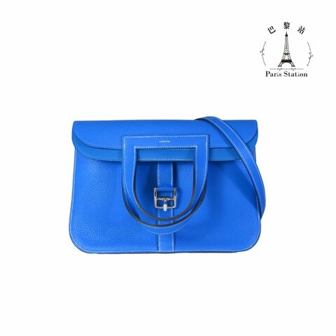 【巴黎站二手名牌專賣店】＊現貨＊HERMES 愛馬仕 真品＊X刻 Halzan 31 藍色 銀扣 牛皮 手提包