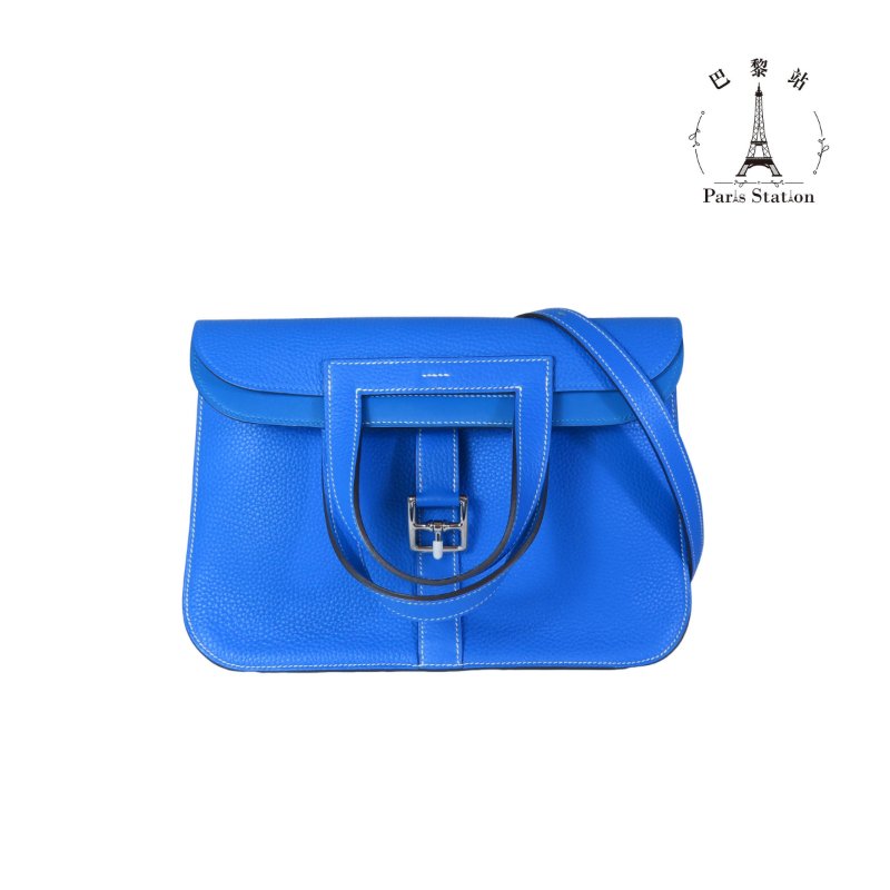 【巴黎站二手名牌專賣店】＊現貨＊HERMES 愛馬仕 真品＊X刻 Halzan 31 藍色 銀扣 牛皮 手提包-0