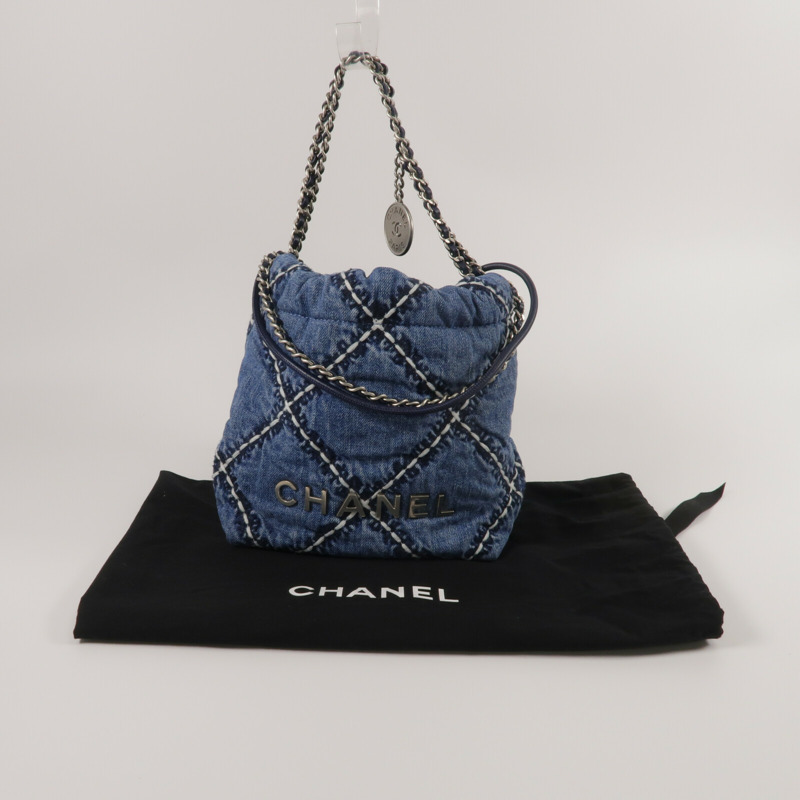 CHANEL 牛仔布Chanel 22 Mini鏈帶肩背袋-10