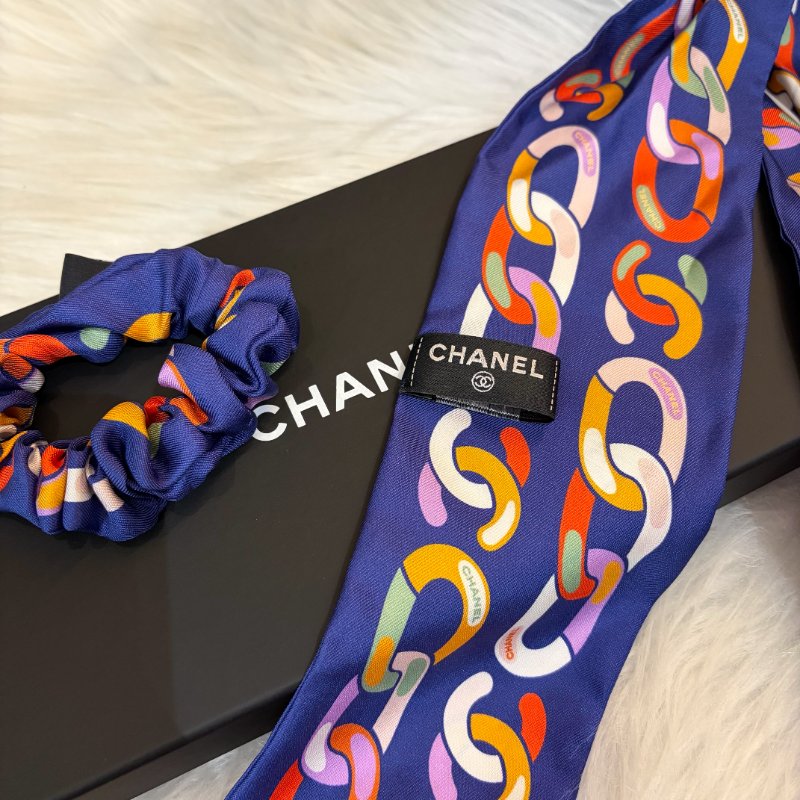 CHANEL 彩色髮束絲巾 藍色-1