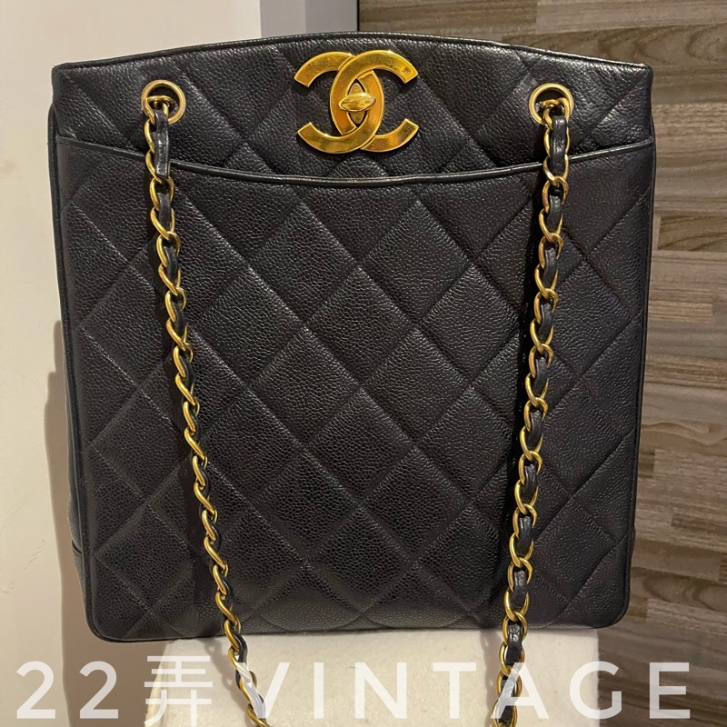 22弄 Chanel vintage 老香 荔枝皮 黑金 大logo 貝嫂包 肩背包 托特包 琴譜包 購物包-0