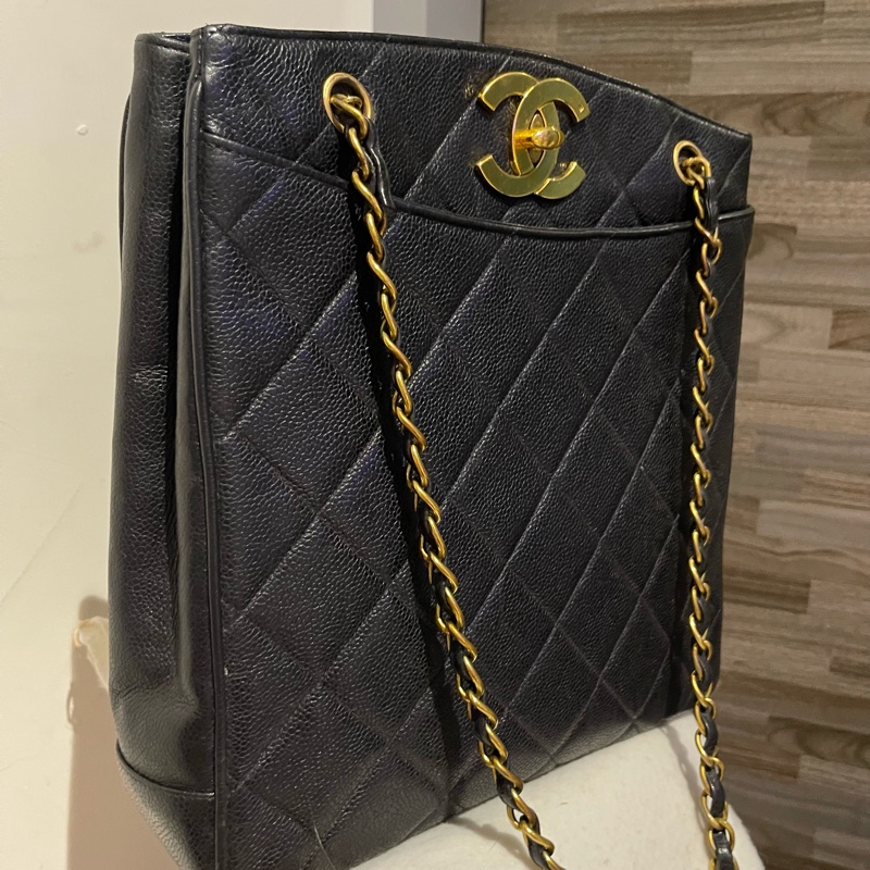 22弄 Chanel vintage 老香 荔枝皮 黑金 大logo 貝嫂包 肩背包 托特包 琴譜包 購物包-4