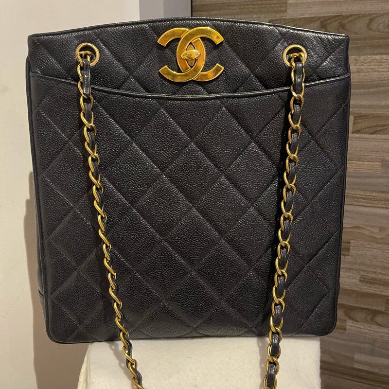 22弄 Chanel vintage 老香 荔枝皮 黑金 大logo 貝嫂包 肩背包 托特包 琴譜包 購物包-5