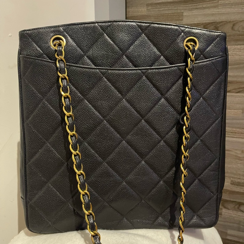 22弄 Chanel vintage 老香 荔枝皮 黑金 大logo 貝嫂包 肩背包 托特包 琴譜包 購物包-6