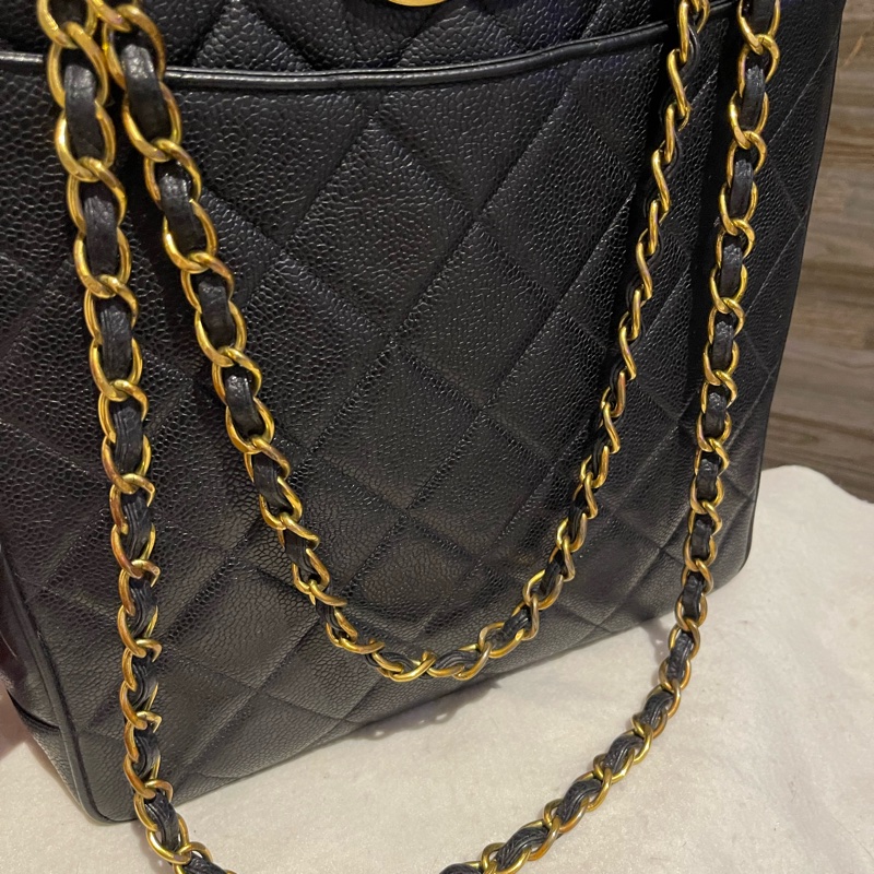 22弄 Chanel vintage 老香 荔枝皮 黑金 大logo 貝嫂包 肩背包 托特包 琴譜包 購物包-18