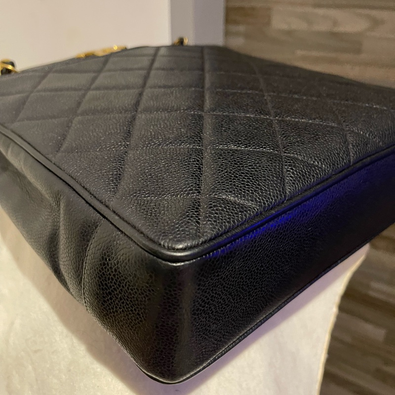 22弄 Chanel vintage 老香 荔枝皮 黑金 大logo 貝嫂包 肩背包 托特包 琴譜包 購物包-26