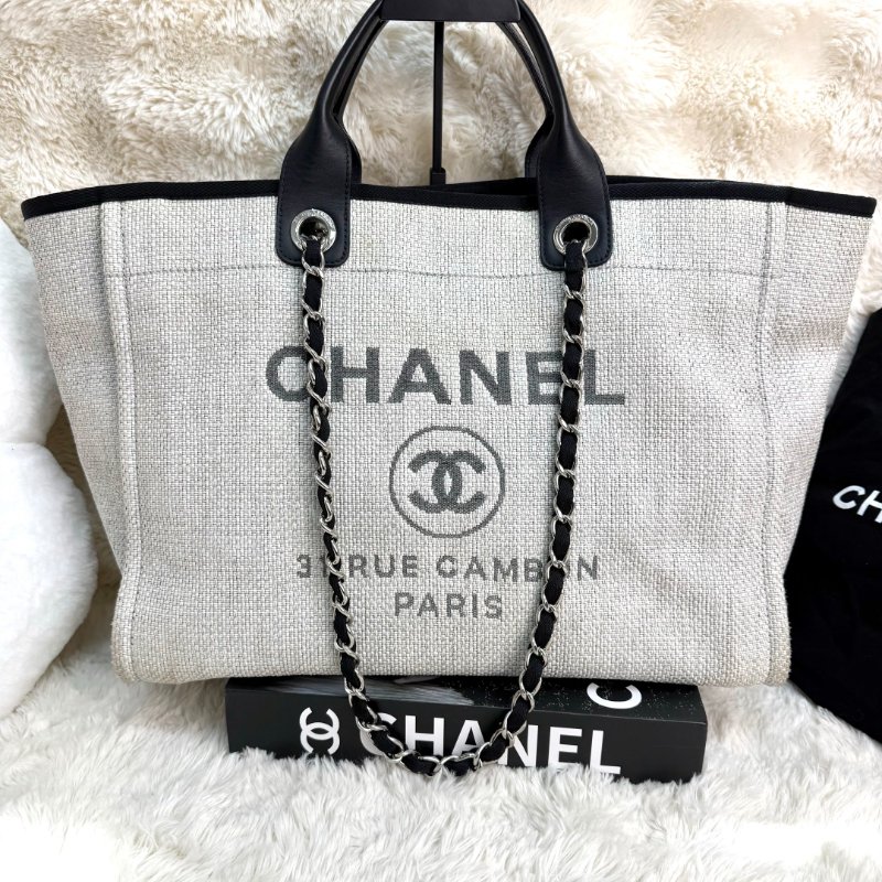 Chanel 沙灘包 灰色 帆布 大號 銀扣-0