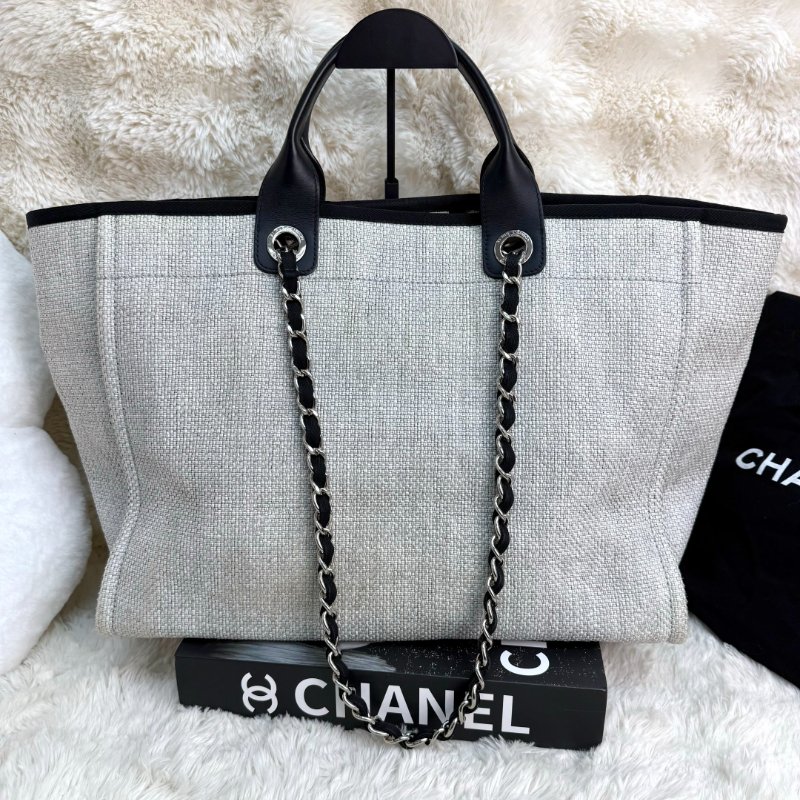 Chanel 沙灘包 灰色 帆布 大號 銀扣-1