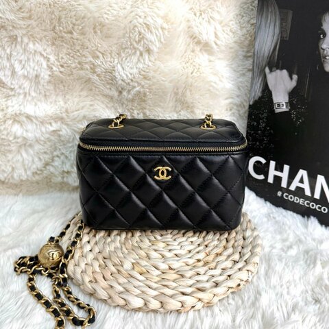 Chanel 小金球 黑色 菱格紋 羊皮 中號 雙金球 鏈條 盒子包