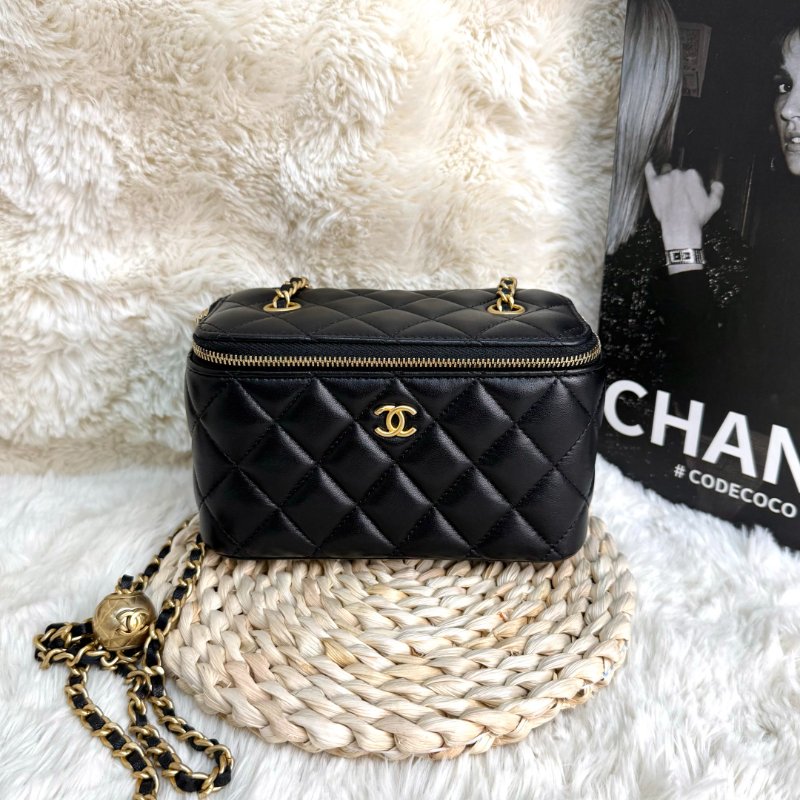 Chanel 小金球 黑色 菱格紋 羊皮 中號 雙金球 鏈條 盒子包-0