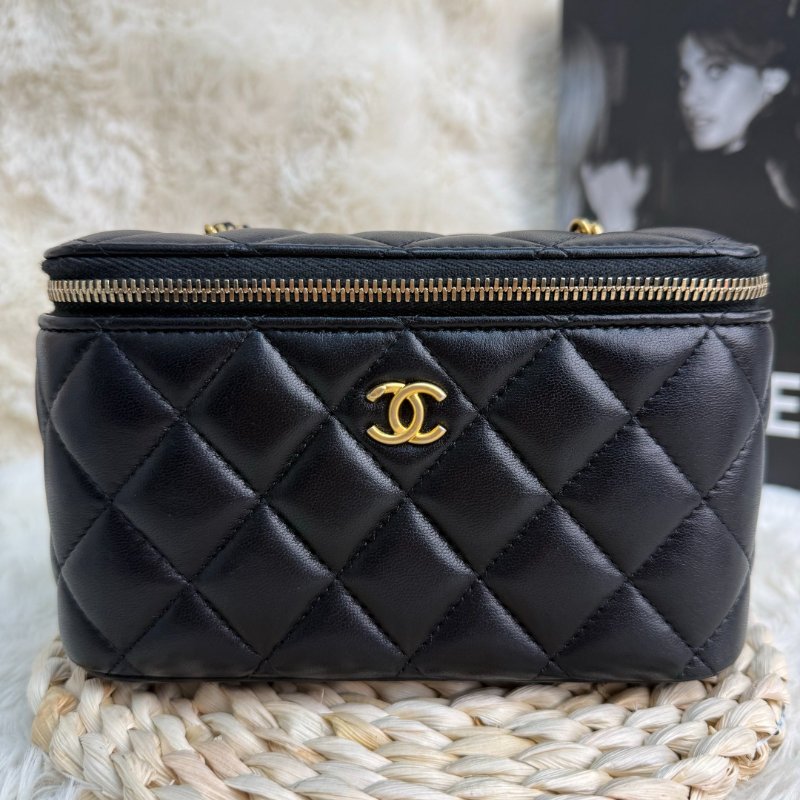 Chanel 小金球 黑色 菱格紋 羊皮 中號 雙金球 鏈條 盒子包-1