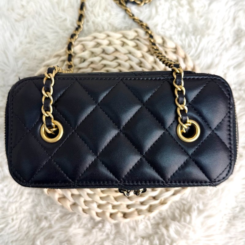 Chanel 小金球 黑色 菱格紋 羊皮 中號 雙金球 鏈條 盒子包-6