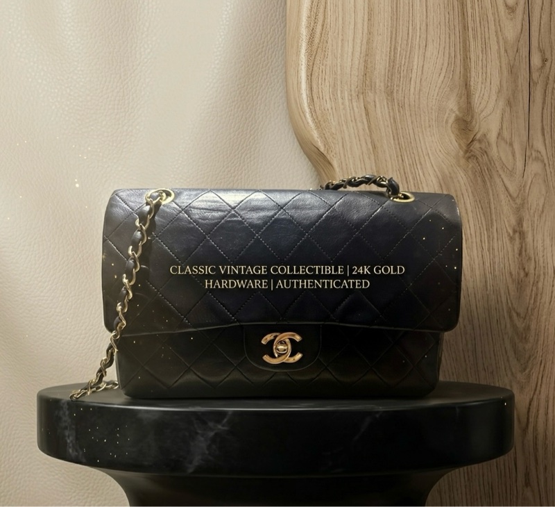 【極美古董珍藏】CHANEL Vintage 25cm 黑金雙蓋口蓋包 24K金雙C釦(經典黑羊皮/雙鏈)-0