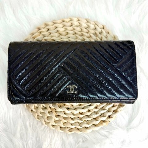 Chanel 經典 藍色 斜紋 漆皮 大號 銀扣